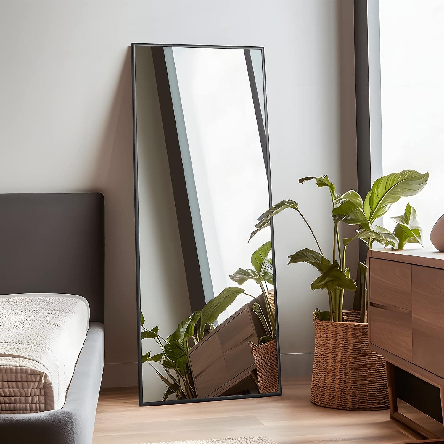 NeuType 47x22 Modern Rectangular Wall Mirror, Black Frame
