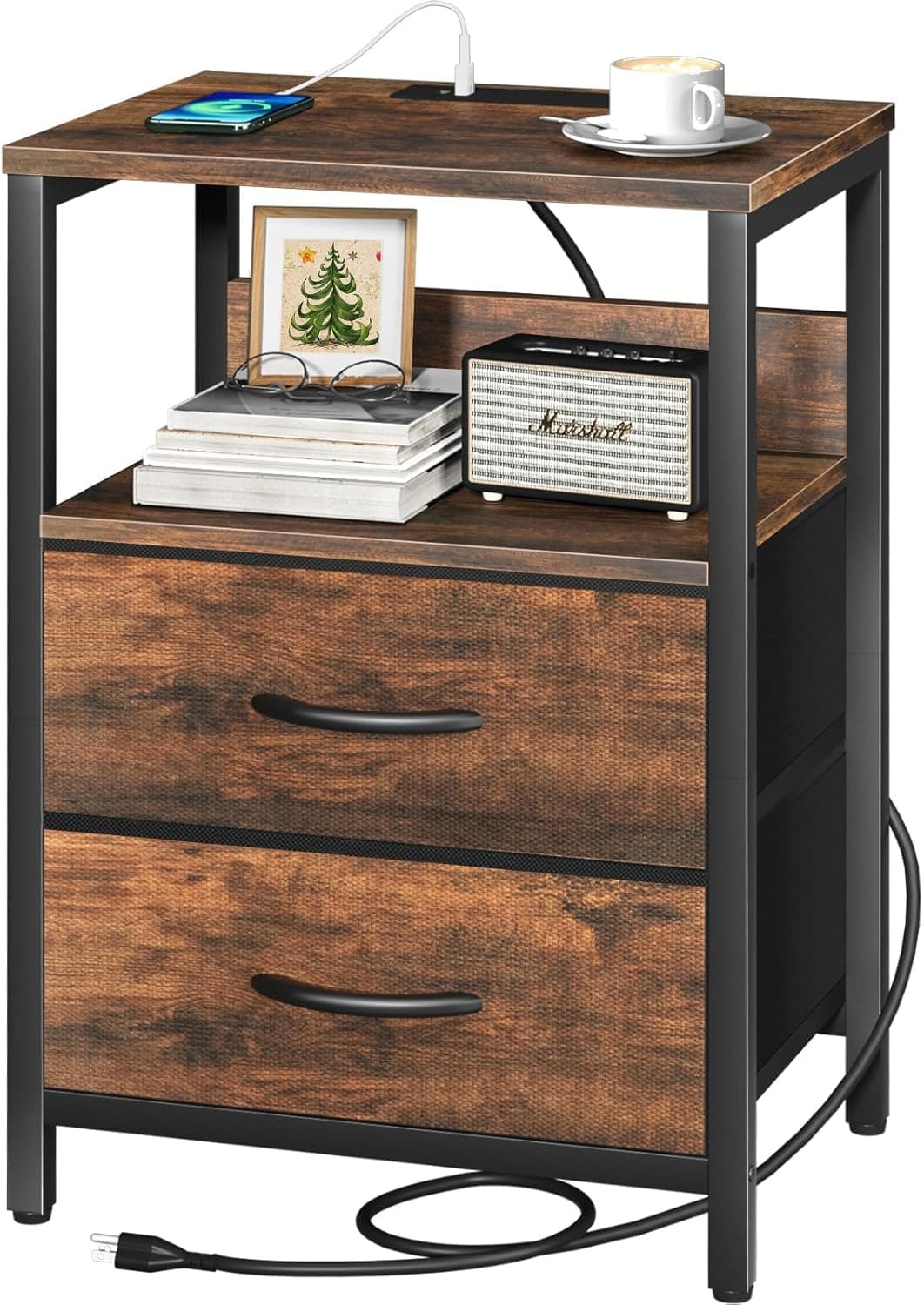 Yoobure Nightstand with Charging Station and Fabric Drawers