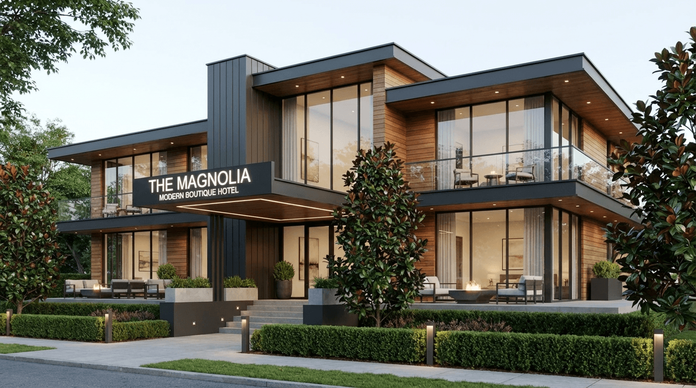 A modern independent boutique hotel at dusk, warm-lit through floor-to-ceiling glass