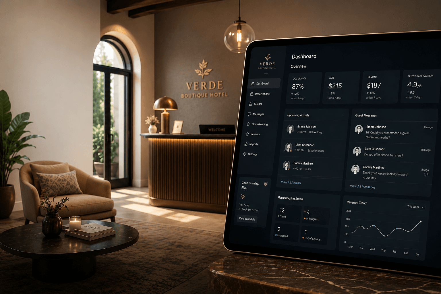 Boutique luxury hotel interior. The kind of property Signal builds AI services for.