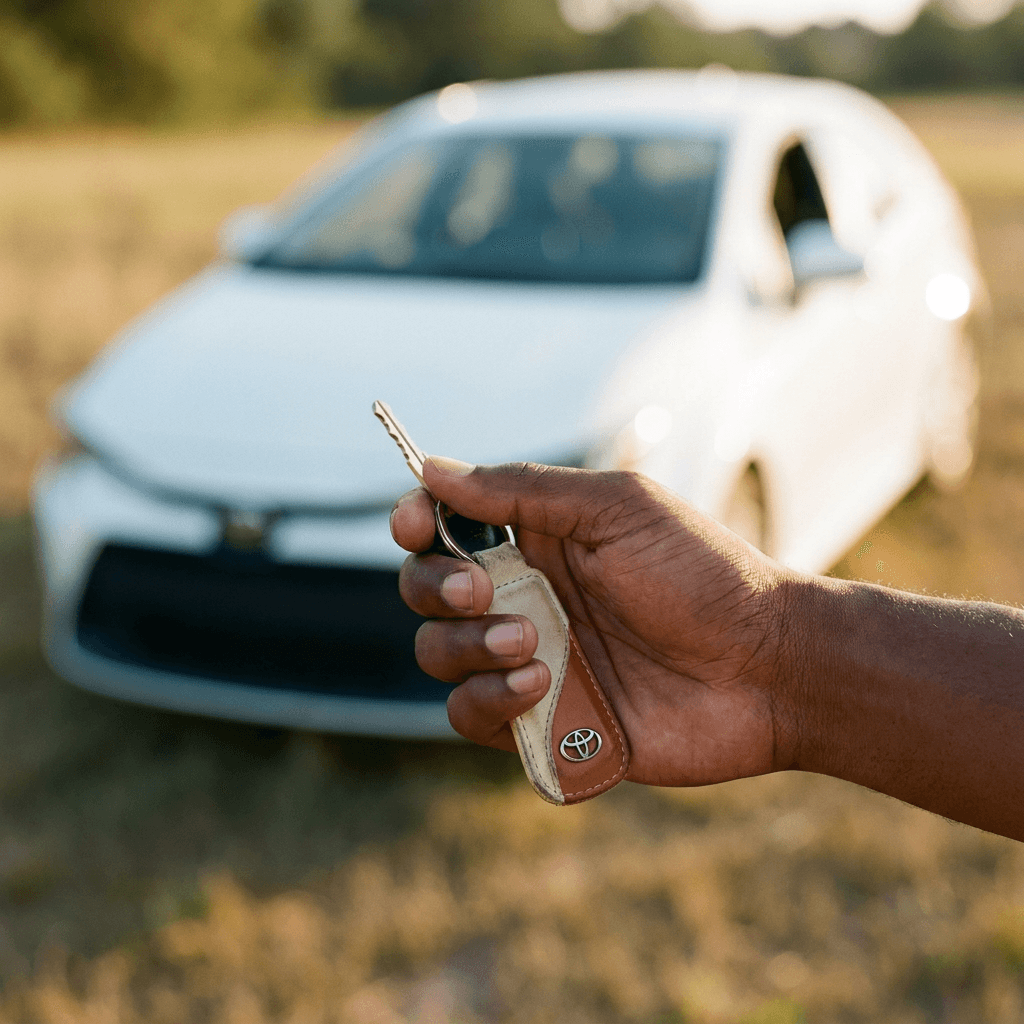 Hand holding out a set of car keys at golden hour