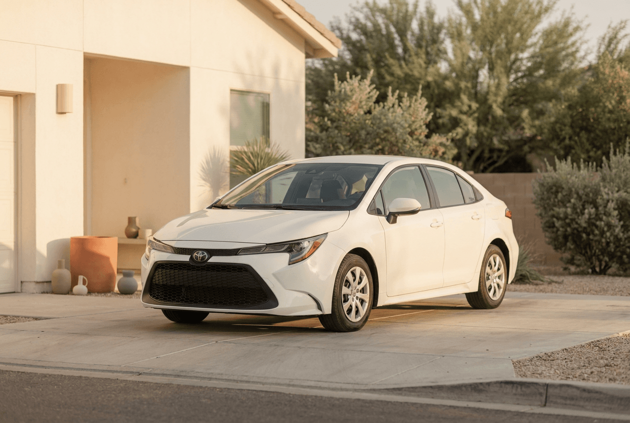 Clean white economy sedan parked in a suburban driveway at golden hour