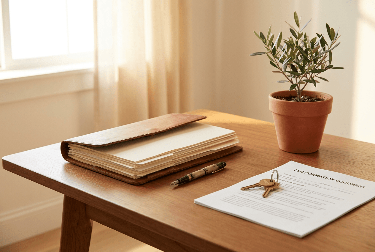 Wooden desk with paperwork folio, fountain pen, car keys, and an olive plant