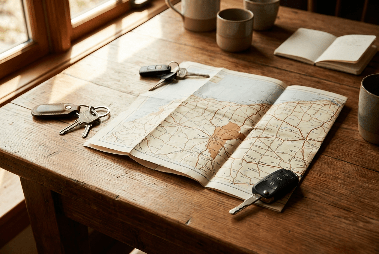 Overhead view of a folded road map with three sets of car keys placed on it