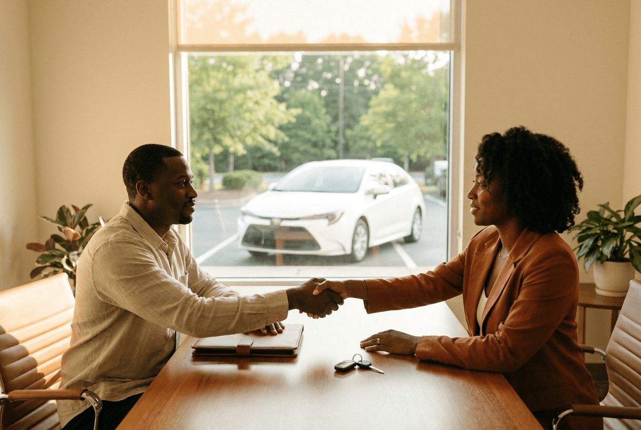 Handshake over a dealership desk with car keys and a Toyota Corolla visible through the window