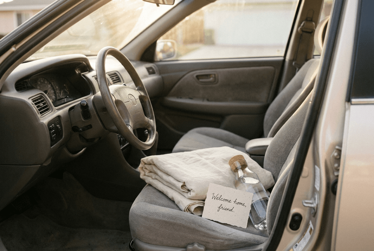 Pristine economy car interior with a handwritten welcome card on the passenger seat