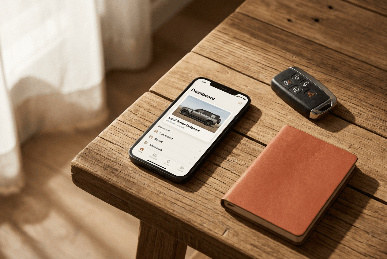 iPhone on a wooden desk showing a rental app dashboard next to a black key fob