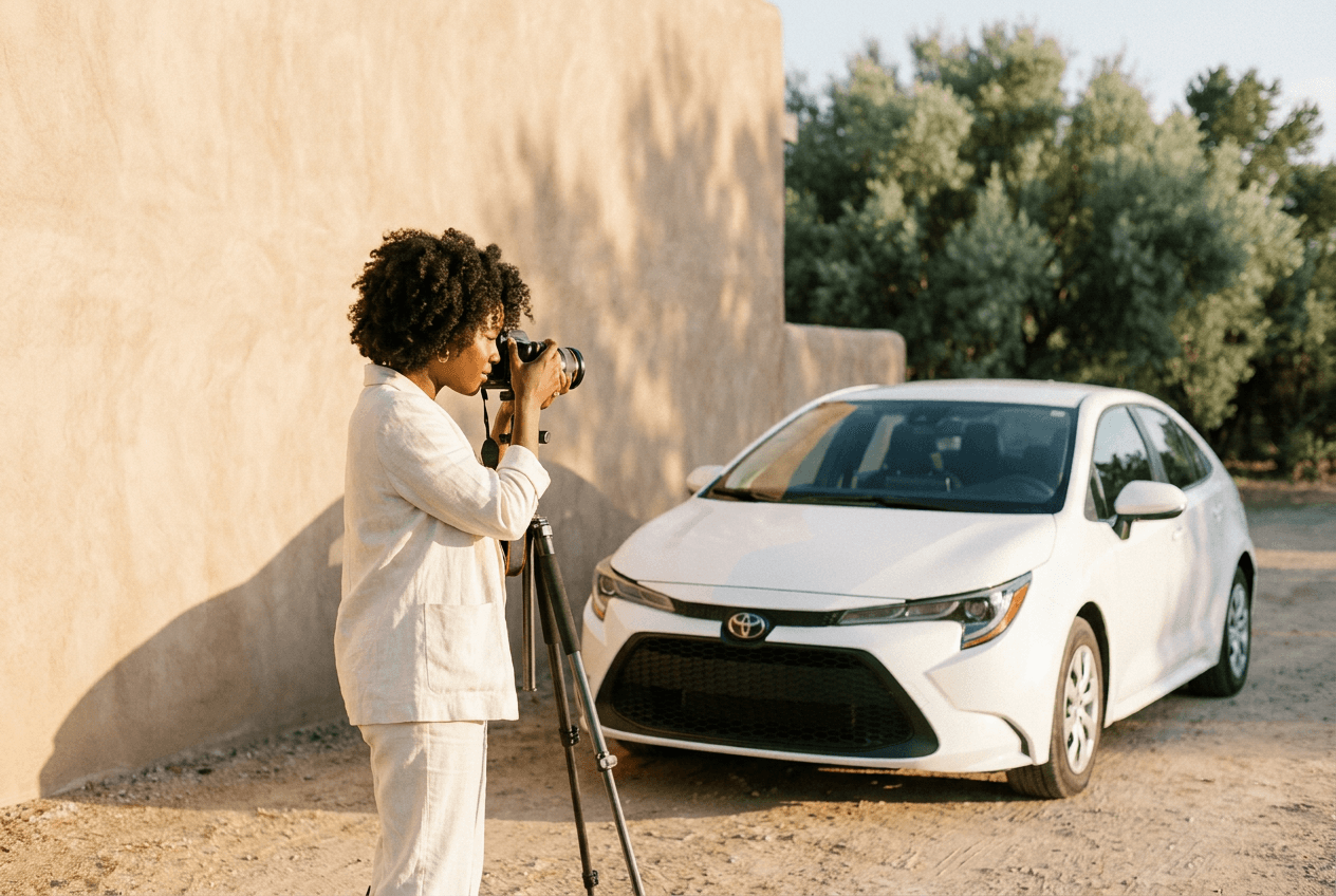 Photographer shooting a clean white Toyota Corolla against a stucco wall at golden hour