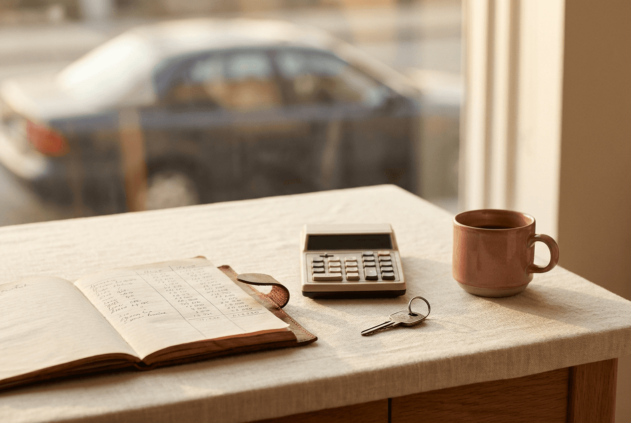 Open notebook with handwritten number columns, calculator, car key, and coffee on a wooden desk