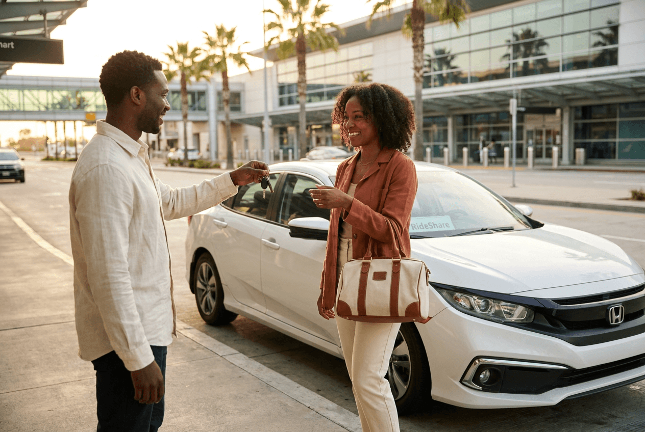 Host handing car keys to a traveler with a carry-on bag beside a white Honda Civic