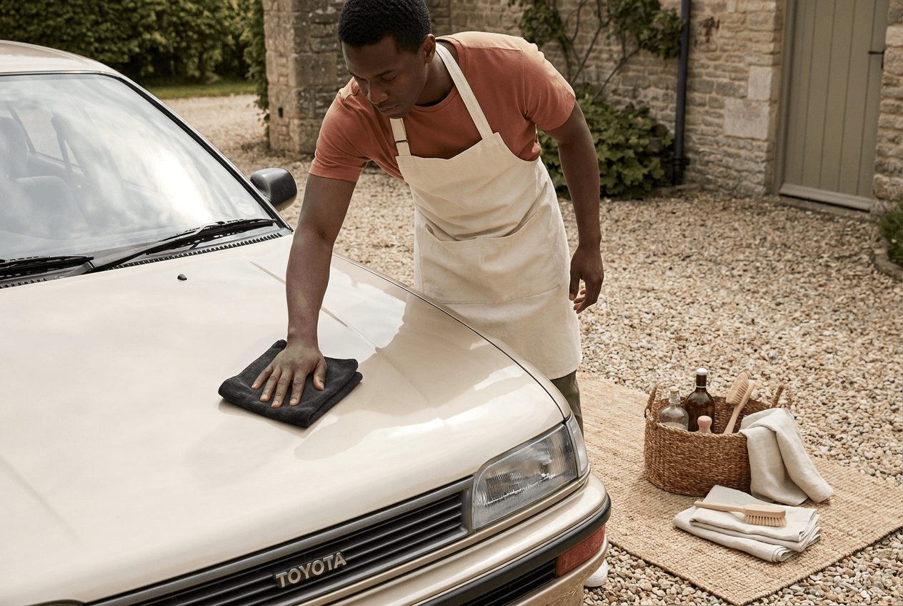 Detailer in a clean apron wiping down the hood of a Toyota Corolla economy sedan