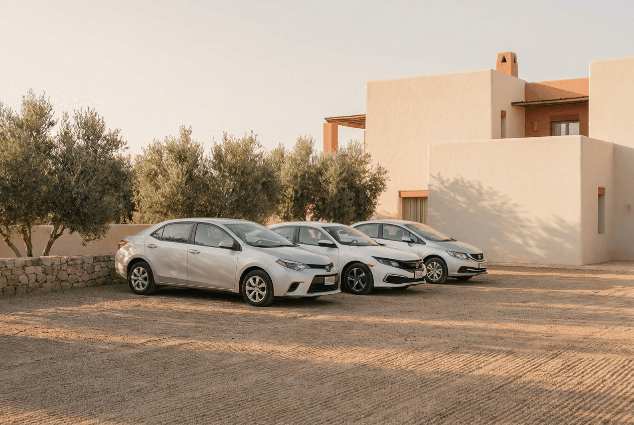 Row of three clean economy sedans parked side by side in a gravel lot at golden hour