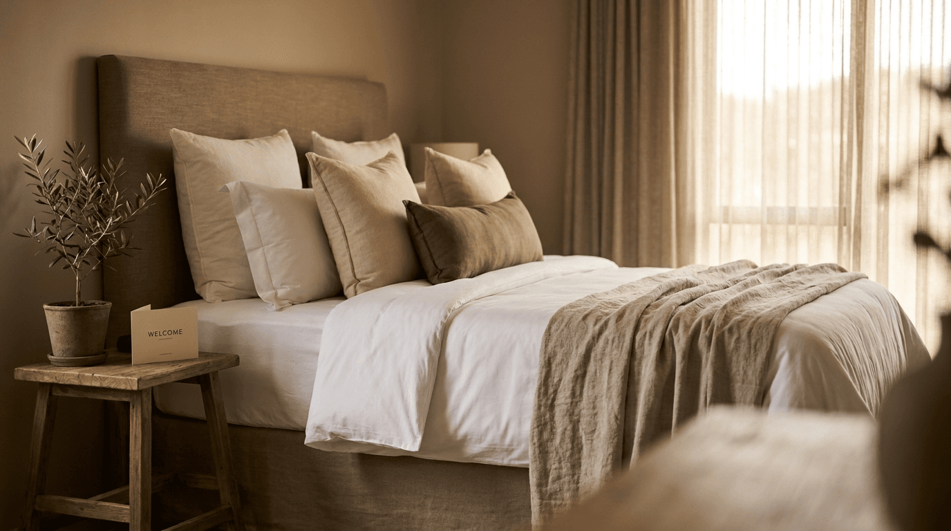 Made bedroom with linen bedding at golden hour