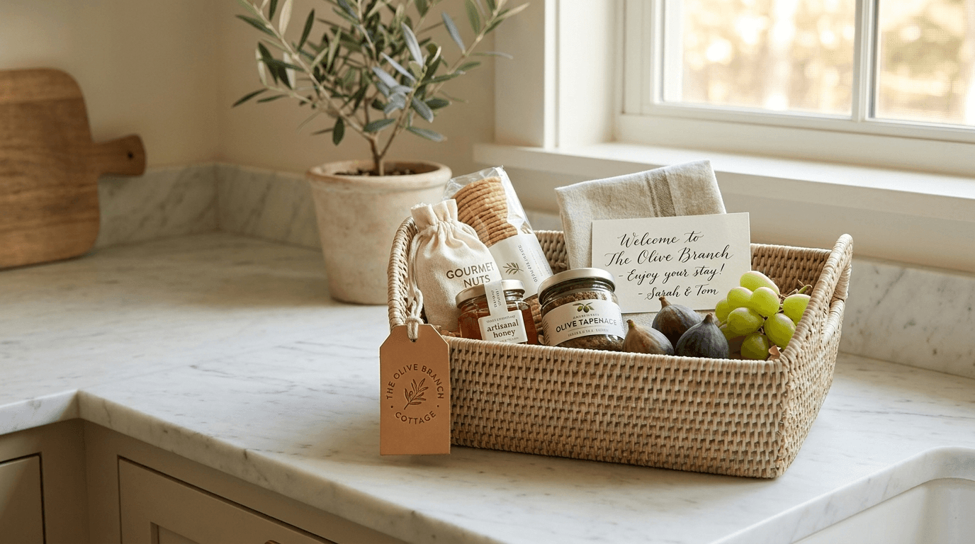 BNHG welcome basket on a kitchen counter