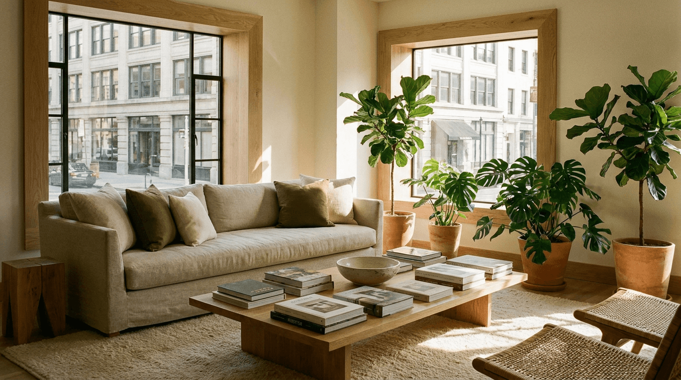 Sunlit living room with sofa and plants