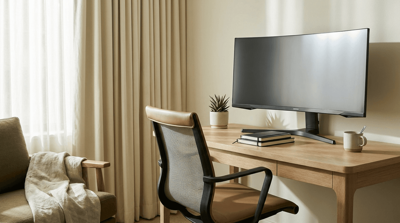 Workspace nook with monitor and reading chair