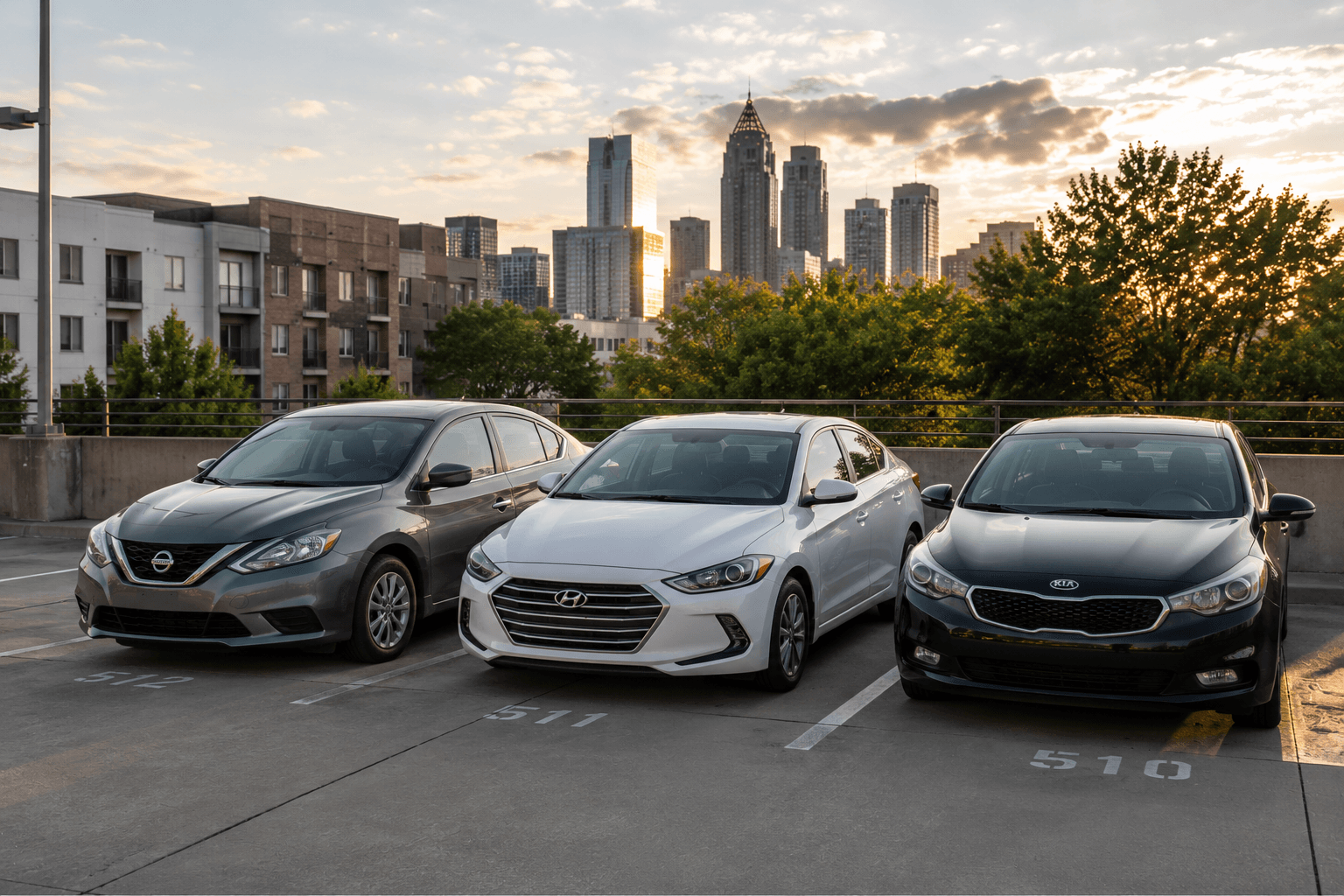 A small fleet of three economy vehicles parked in a line