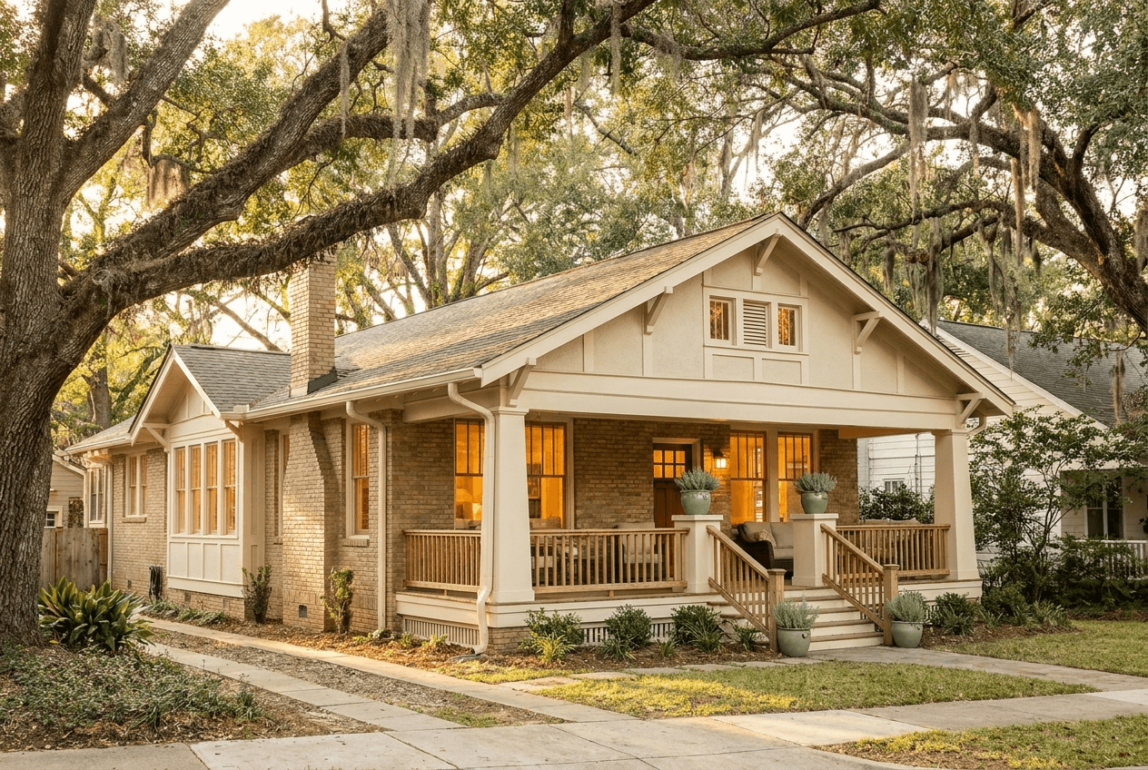 Atlanta craftsman bungalow exterior at golden hour