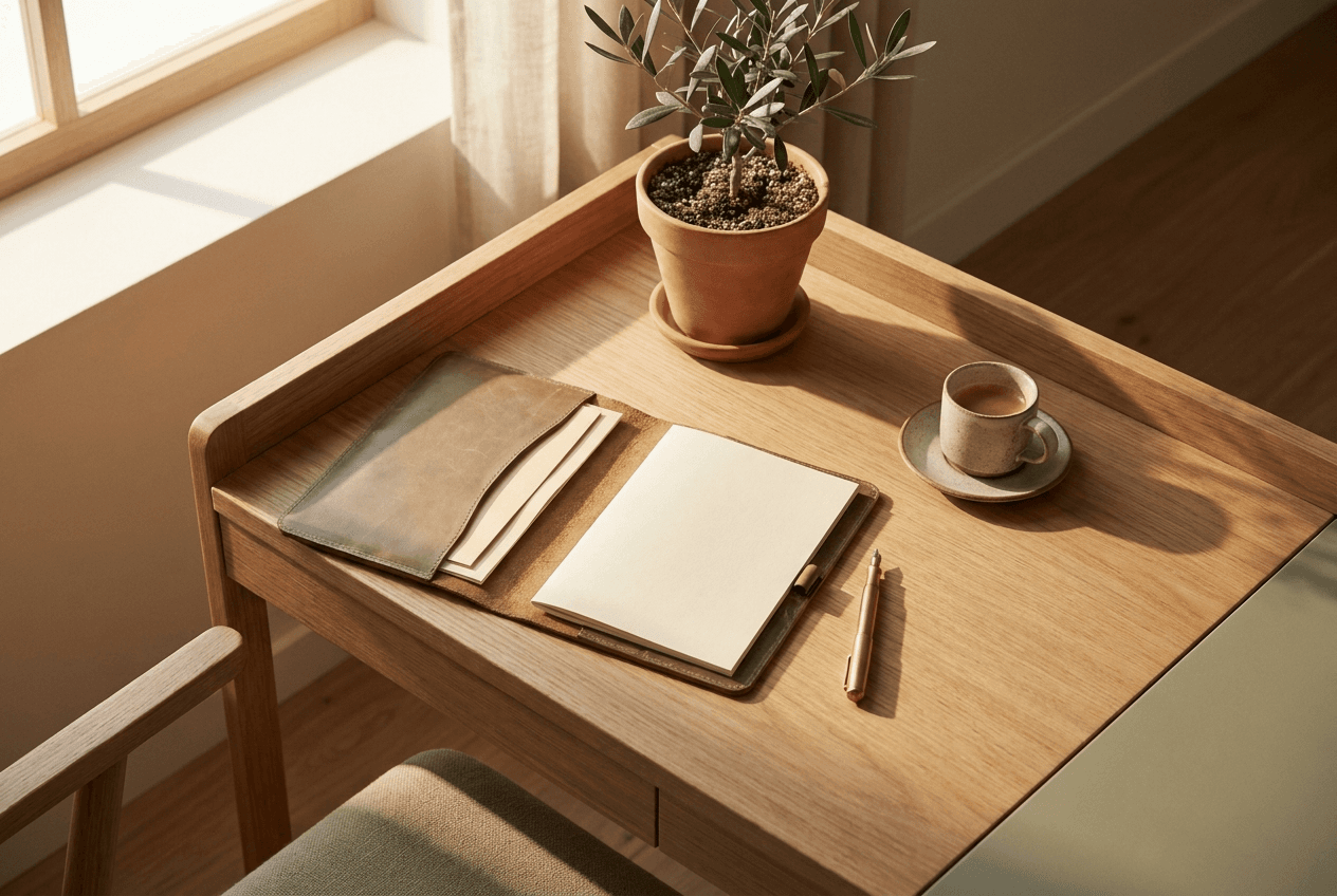 Wooden desk with leather folio, fountain pen, and an olive plant
