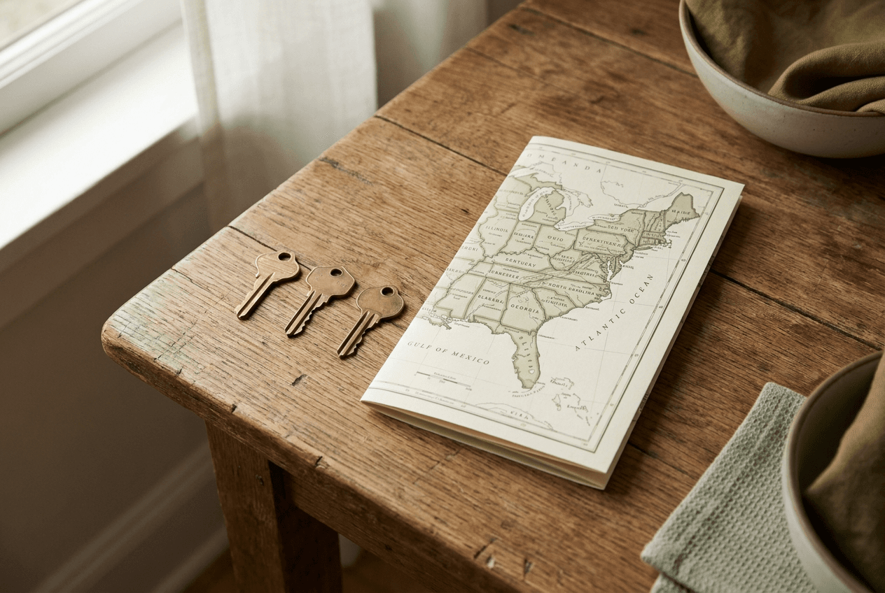 Three brass keys on a wooden surface beside a folded map