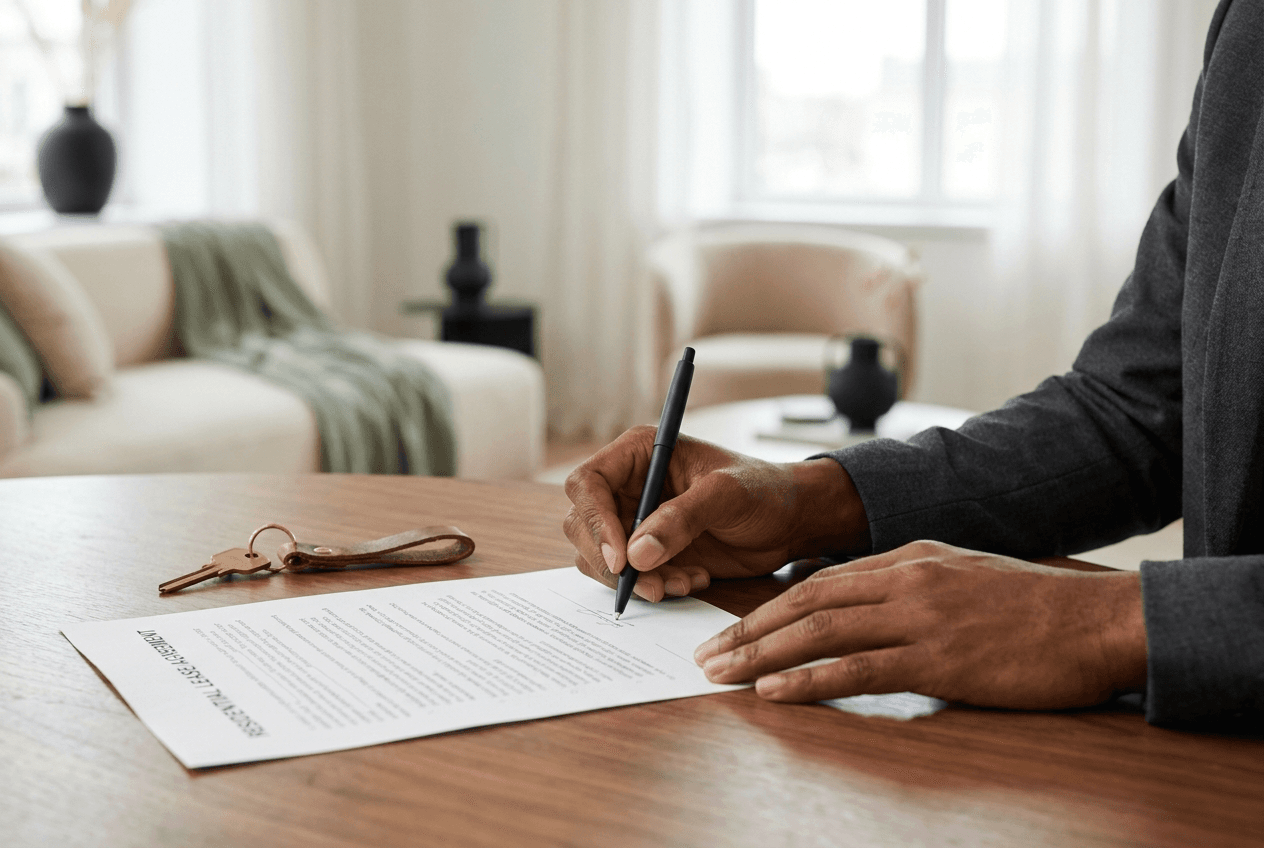 Hands signing a lease document with a fountain pen and brass key