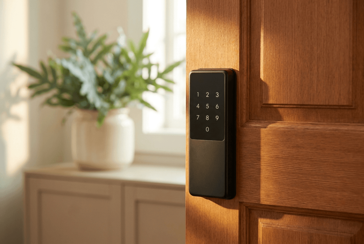 Matte-black smart lock on a paneled wooden door