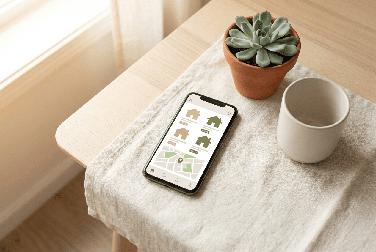 Smartphone on a linen surface displaying a real estate listing