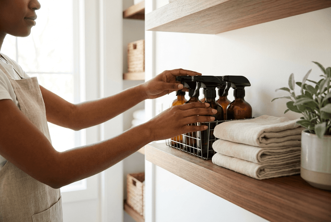 Folded cream linen towels on a wooden bench beside a woven basket of supplies