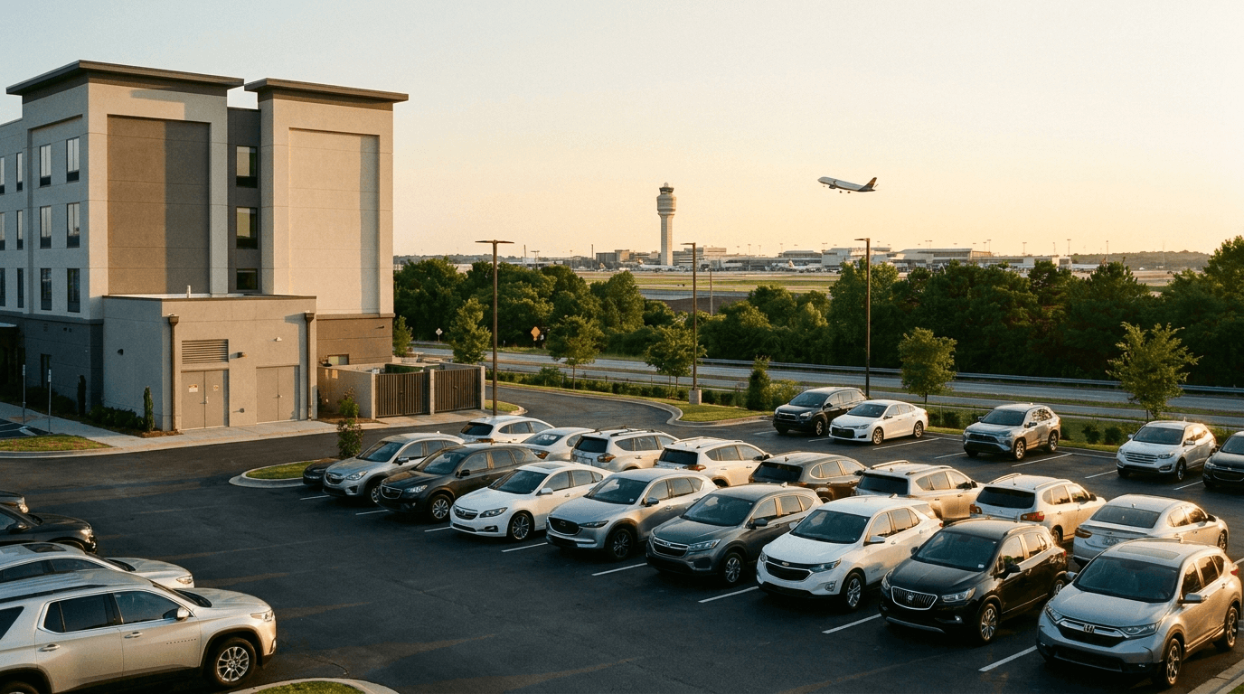 A rental fleet staged near the Atlanta airport at golden hour