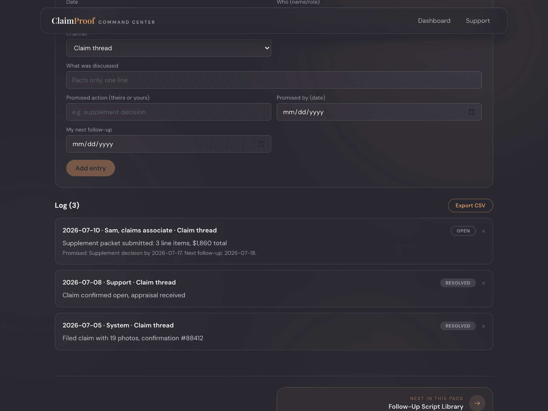 Communication Log — inside the Claim Command Center