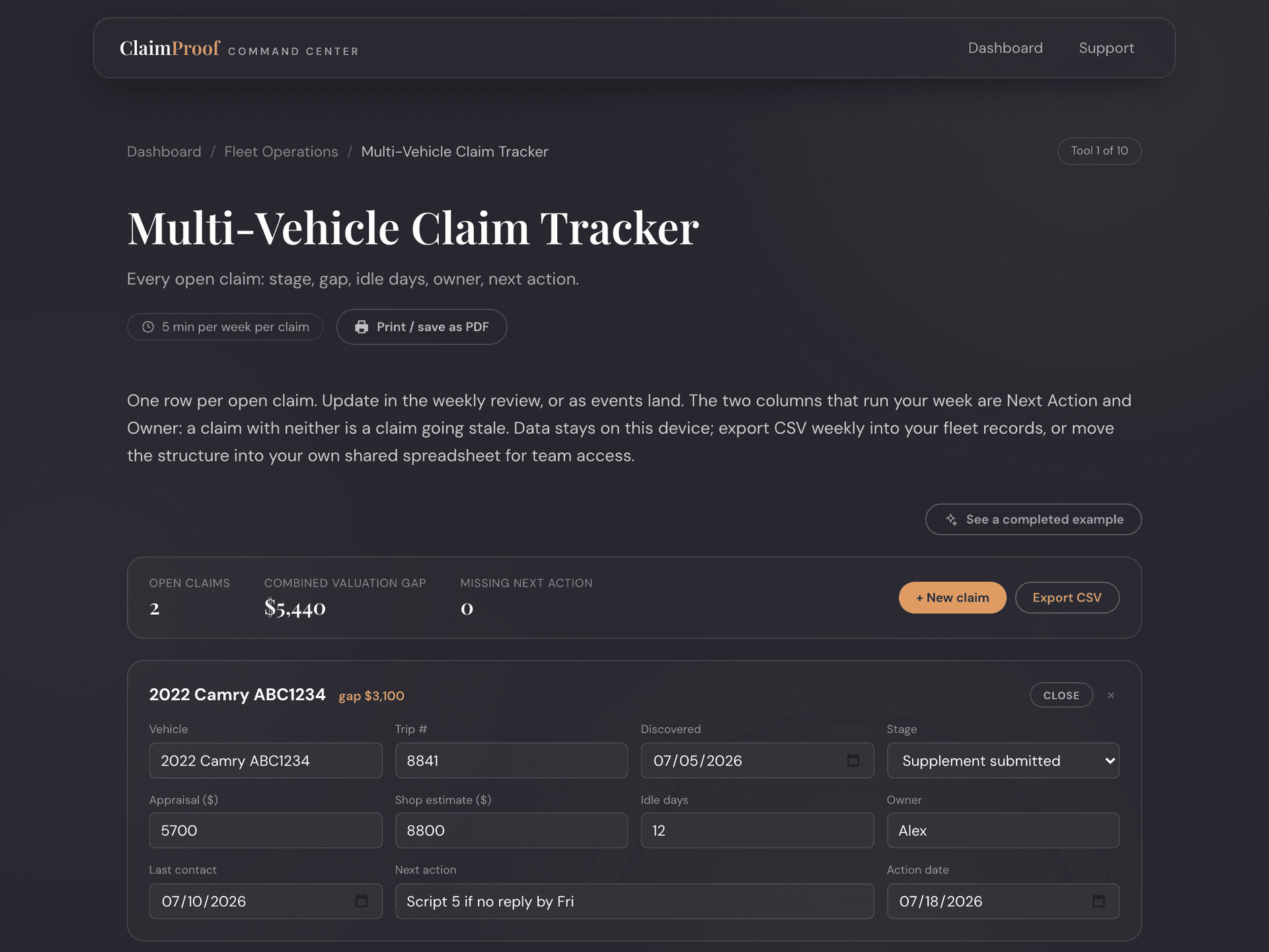 Fleet Claim Dashboard — inside the Claim Command Center