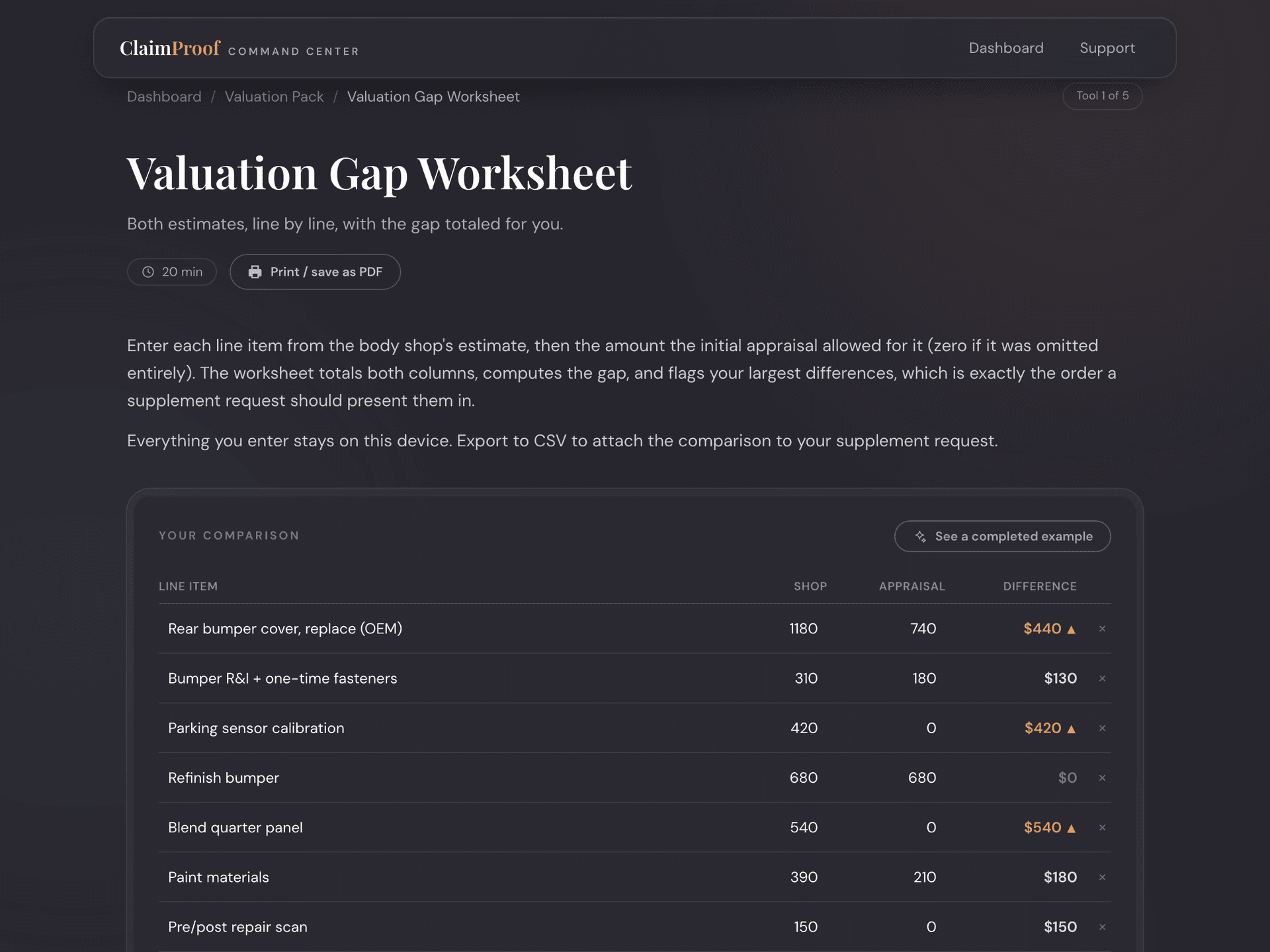 Valuation gap worksheet — inside the Claim Command Center