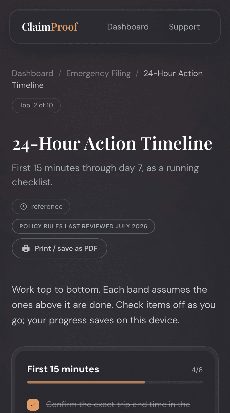 24-hour emergency checklist — inside the Claim Command Center