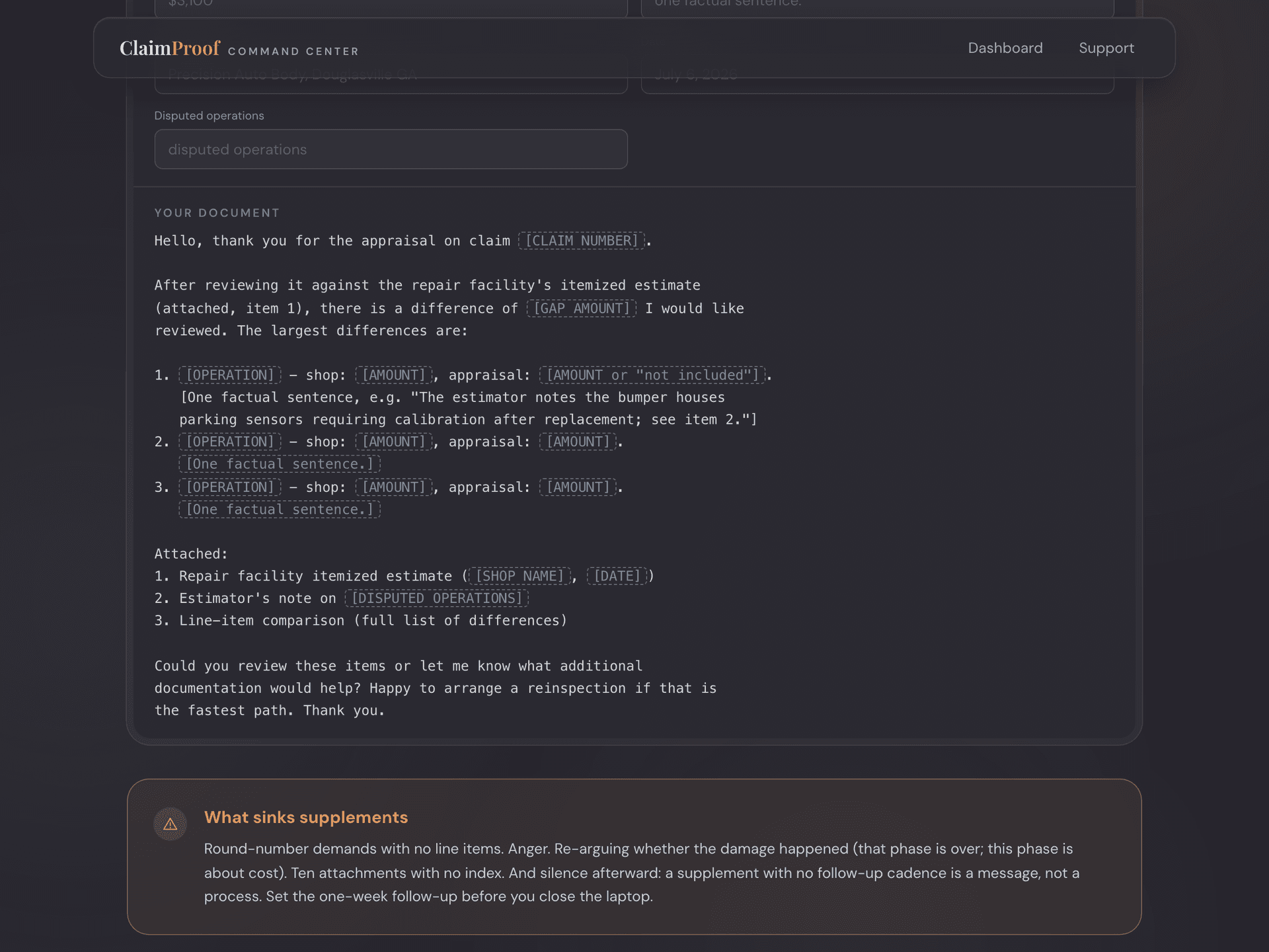 Supplement request builder — inside the Claim Command Center