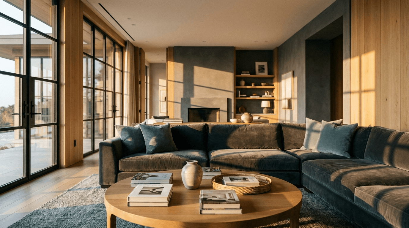 The shared living area of a well-designed co-living property, styled for a mid-term stay