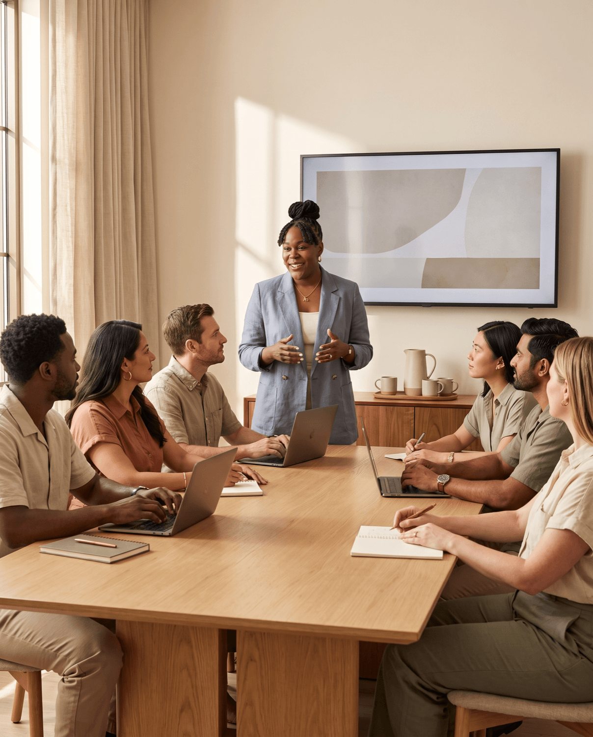 Della Henry teaching a small, diverse group of co-living operators around a conference table