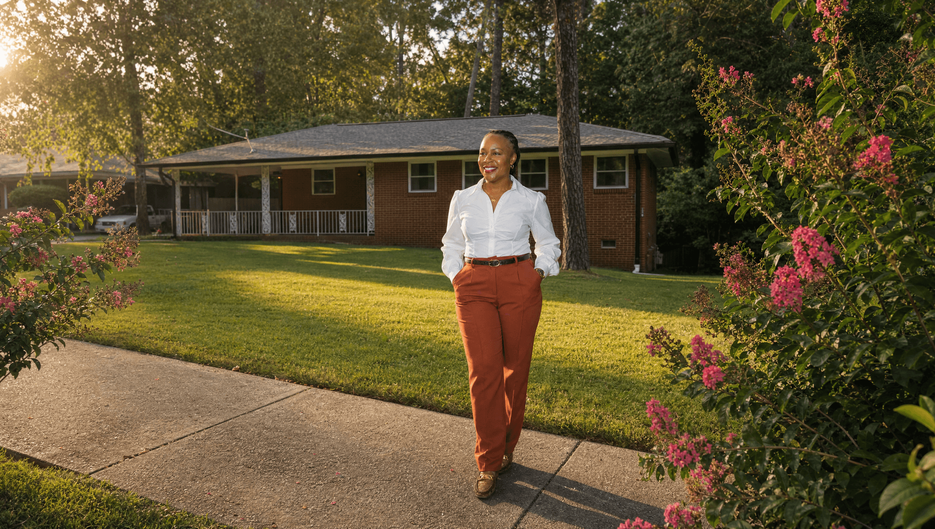 Della Henry outside a managed co-living property at golden hour