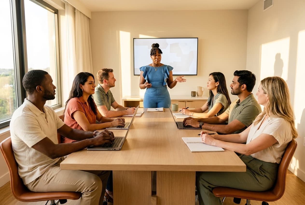 Della Henry teaching a small, diverse group of co-living operators around a conference table