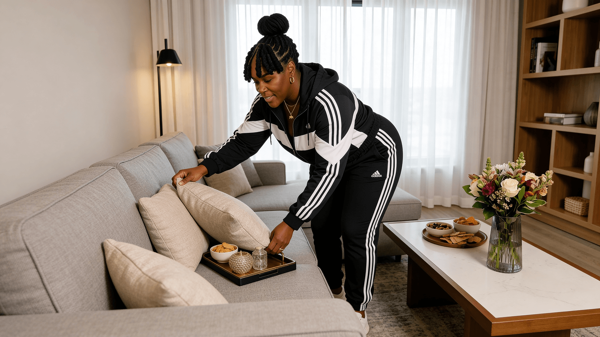 Della Henry staging a furnished co-living living room