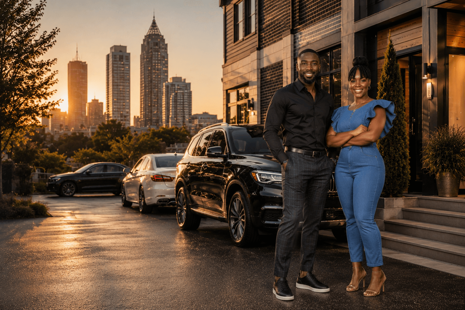 Della and Alex Henry in front of an Atlanta skyline at golden hour