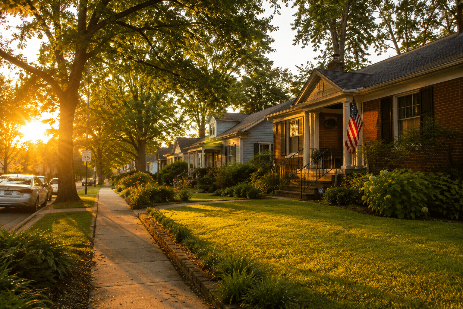 Golden hour over an Atlanta neighborhood where Della operates mid-term rentals
