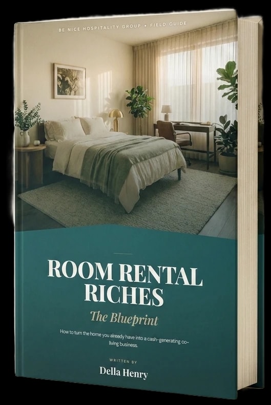 A 3D render of the Room Rental Riches: The Blueprint book, standing upright.
