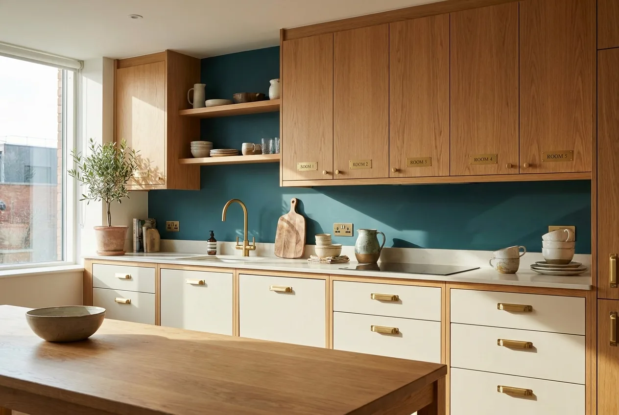 A modern co-living kitchen where each cupboard and drawer is labeled with a brass plate for a different room — Room 1 through Room 5.