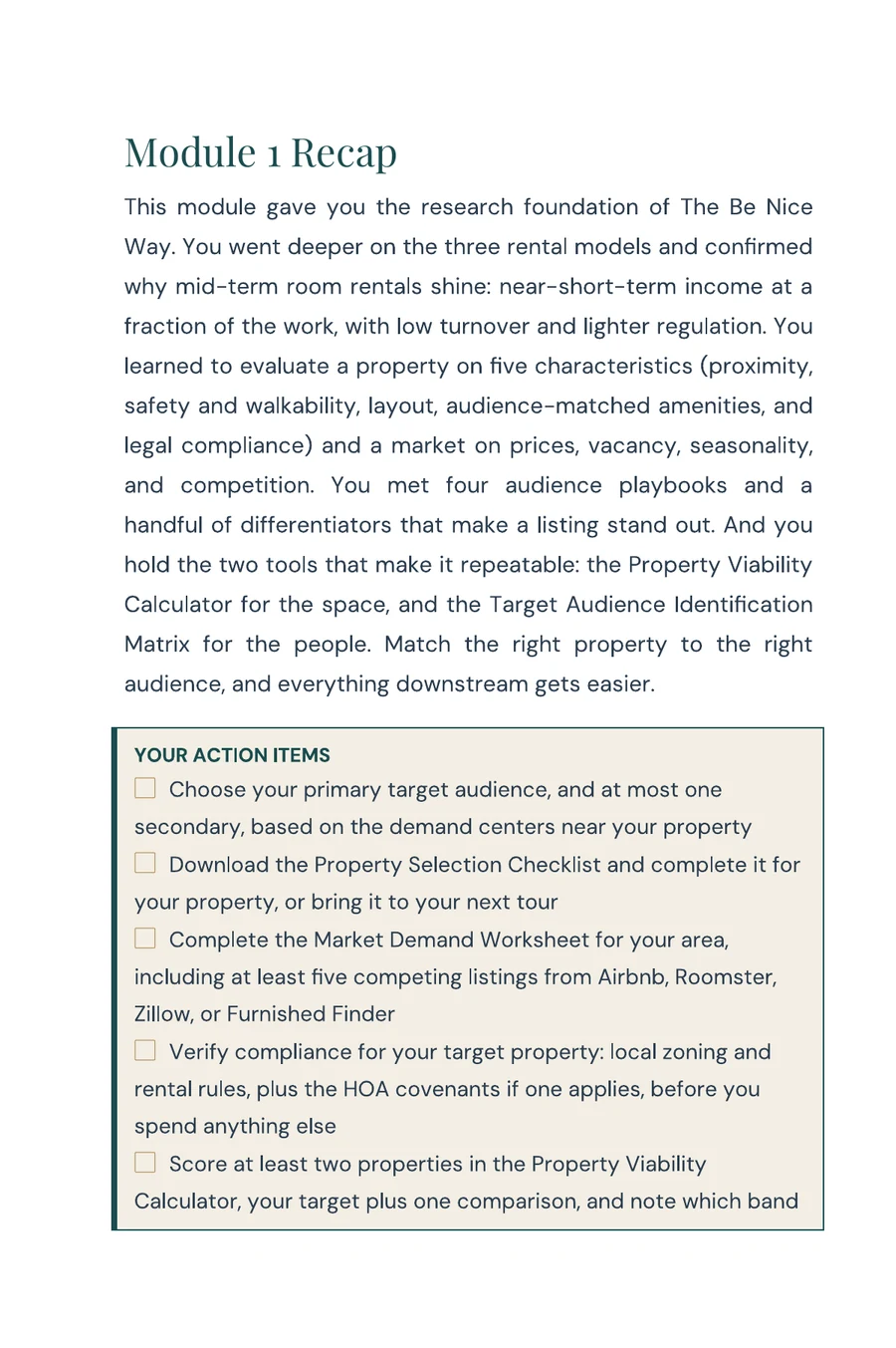 A module recap page with a Your Action Items checklist