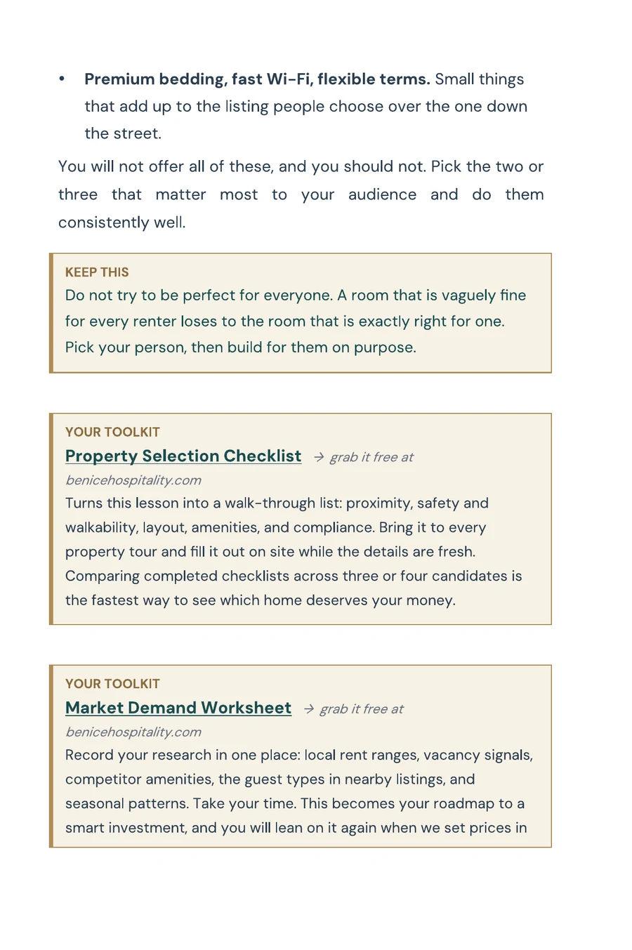 A toolkit page pointing to the free Property Selection Checklist and Market Demand Worksheet