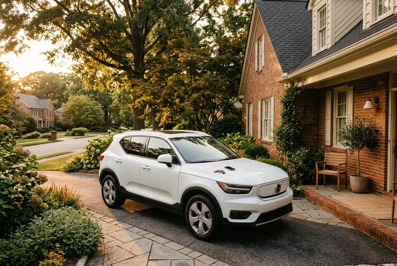 A clean white SUV parked in a brick home's driveway at golden hour