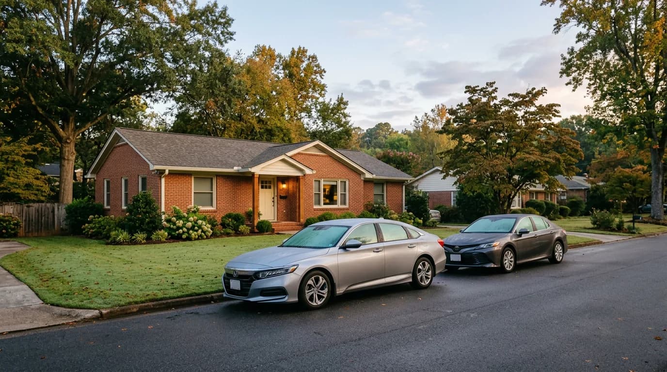 Two sedans parked on a quiet suburban street in front of a brick home