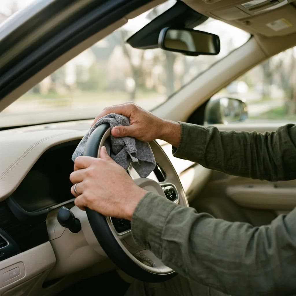 A host wiping down the steering wheel between guests
