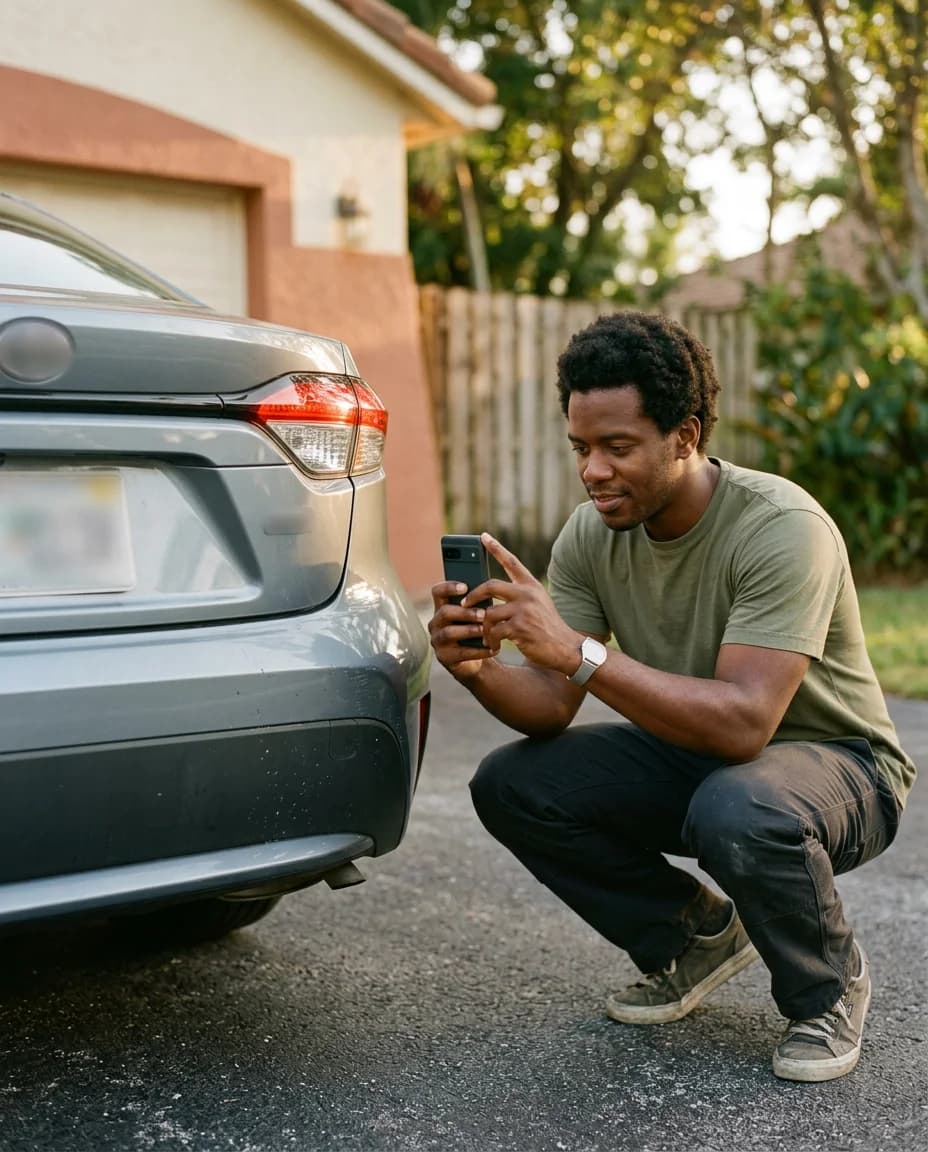 A host photographing a rear bumper before handing the car to a guest