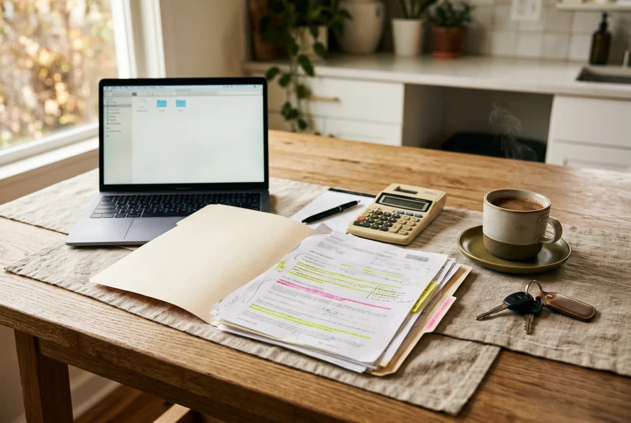 A desk with a laptop, a calculator, insurance paperwork, and car keys